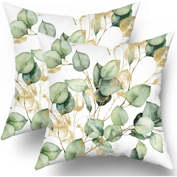 Eucalyptus Leaf Pillow Covers 16x16 Set of 2 Watercolor Pillow Sage Green Leaf Pillow Covers Gold Leaves Modern Throw Pillows Cover Decor Gifts for Bed Couch Sofa Living Room