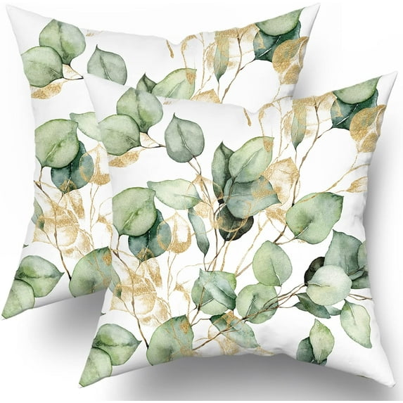 Eucalyptus Leaf Pillow Covers 18x18 Set of 2 Watercolor Pillow Sage Green Leaf Pillow Covers Gold Leaves Modern Throw Pillows Cover Decor Gifts for Bed Couch Sofa Living Room