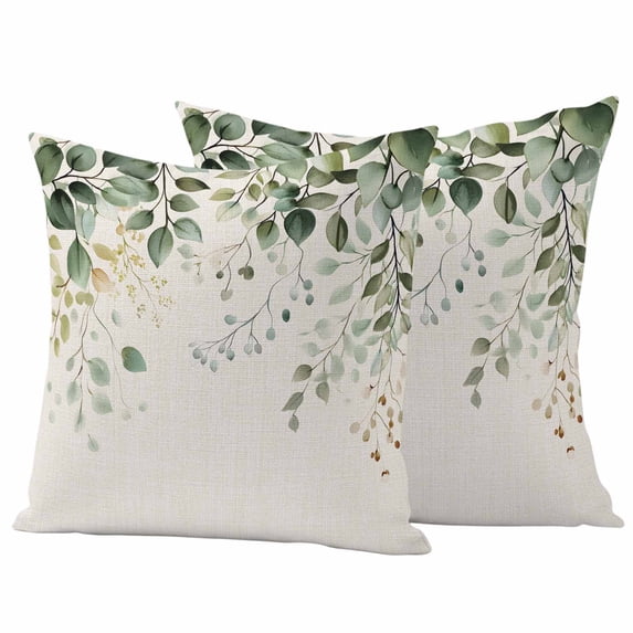 Eucalyptus Leaf Pillow Covers 2 Pack Country Plant Linen Texture Pillowcase Waterproof Outdoor Throw Pillow Cover for Patio Garden Square Cushion 20”x20”