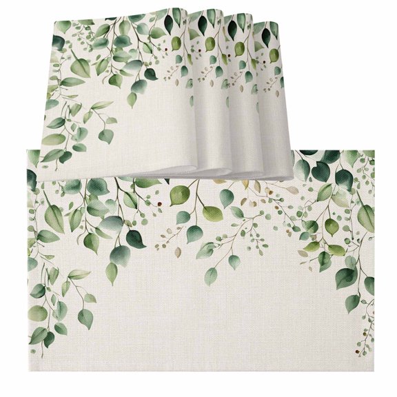Eucalyptus Leaf Placemats for Dinning Table Set of 6, Watercolor Green Plant Vintage Country Burlap Kitchen Place Mats Waterproof Cloth Table Mats, Indoor Outdoor Placemats Easy Clean Dinner Decor