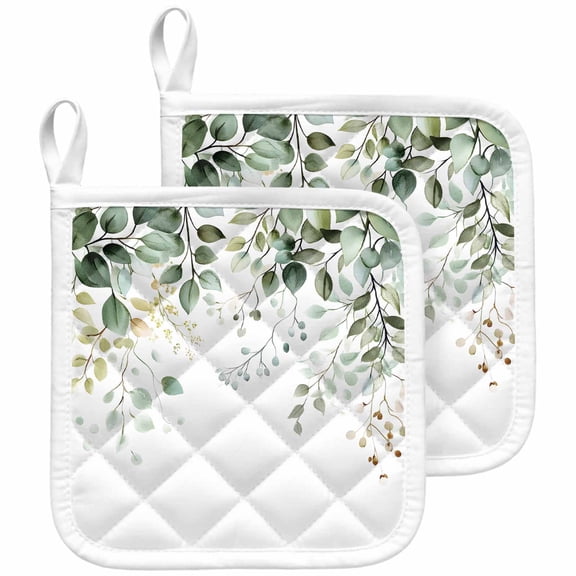 Eucalyptus Leaf Pot Holders for Kitchen Heatproof Potholder, 2 Pack Weeping Green Botanical Summer Hot Pads Multipurpose Oven Pads Cloth Potholders Trivet for Cooking and Baking