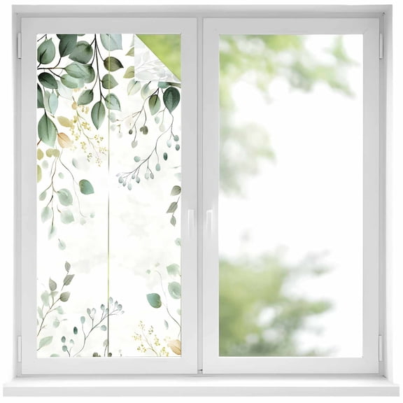 Eucalyptus Leaf Privacy Window Film, Decorative Frosted Glass Window Film, Weeping Green Botanical Summer Reusable Peel and Stick Static Cling for Home Bathroom Office Glass Door 17.7"x39.3"