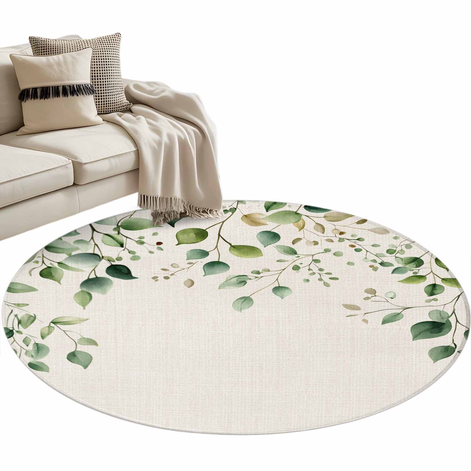 Eucalyptus Leaf Round Area Rug 4ft, Watercolor Green Plant Vintage ...
