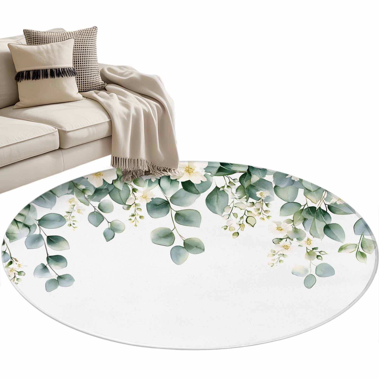 Eucalyptus Leaf Round Area Rug 3ft Watercolor Green Leaves White Floral ...