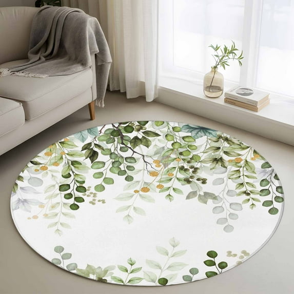 Eucalyptus Leaf Round Living Room Rugs 4 ft, Sage Green Leaves Branch Abstract Art Washable Area Rug with Non-Slip Sturdy Edge Binding Round Carpet for Entryway Kitchen Bedroom Bathroom