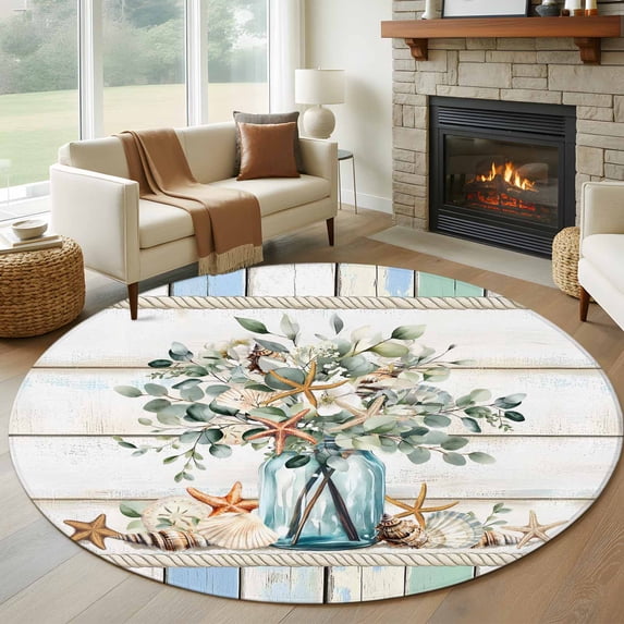 Eucalyptus Leaf Round Living Room Rugs 8 ft, Starfish Shell Vase Washable Large Area Rug with Non-Slip Sturdy Edge Binding Round Carpet for Dining Room Kitchen Office
