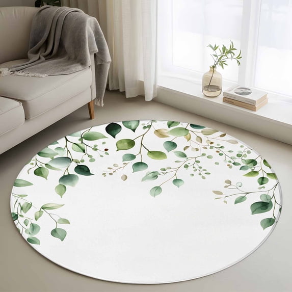 Eucalyptus Leaf Round Rugs for Living Room 3ft Country Green Plant Farm Non Slip Circle Rug Washable Low-Profile Indoor Carpet for Bedroom, Dining Room, Bathroom