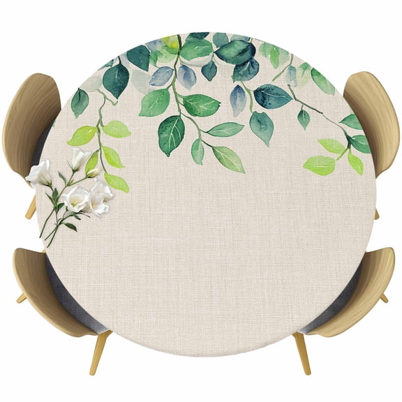 Eucalyptus Leaf Round Tablecloth 36-44 Inch Round Fitted Table Cloth with Elastic Edge, Farmhouse Spring Leaves Plants Vines Waterproof Table Cover Protector for Outdoor Picnic Party Dining