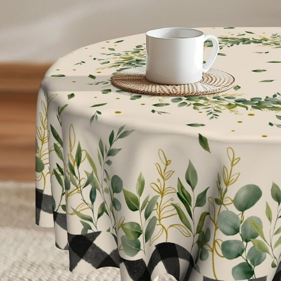 Eucalyptus Leaf Round Tablecloth Spring Botanical Green Leaf Reusable Circle Table Cover 60 Inch Buffalo Plaid Farmhouse Tabletop for Seasonal Party Picnic Dinner Decor