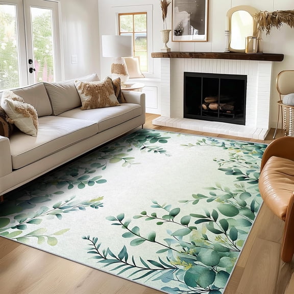 Eucalyptus Leaf Rug Washable Green Leaves Rugs For Living Room Bedroom, Watercolor Plant Area Rug For Home Decor, Non Slip Backing Floor Carpet 5x7ft