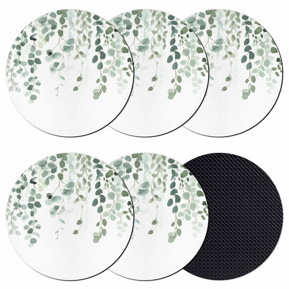Eucalyptus Leaf Sage Green Coasters Set of 6, Absorbent Coasters for Drinks, Spring Weeping Leaves Botanical Coaster for Desk Coffee Table Protection, Home Decor House Warming Gifts 4"
