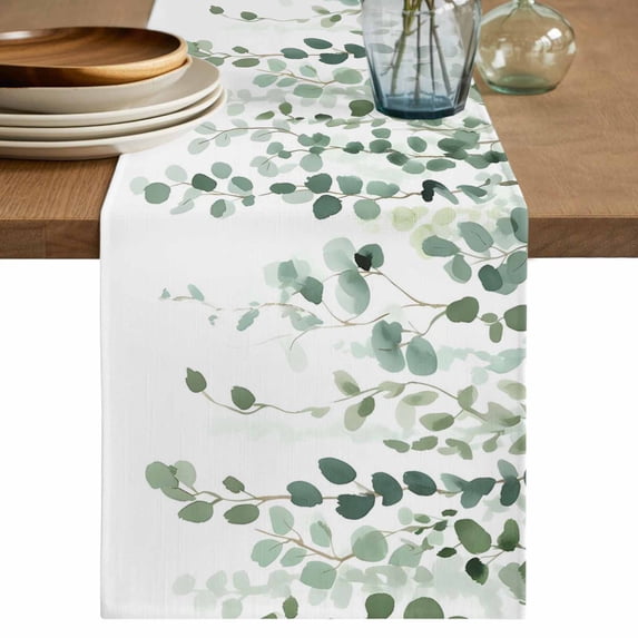 Eucalyptus Leaf Sage Green Table Runner, Spring Weeping Leaves Botanical Washable Cotton Linen Table Runners 90 Inches Long, Dresser Scarf Runner for Dining/Coffee/Kitchen/Hallway Tables 13''x90''