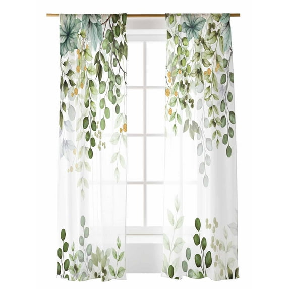 Eucalyptus Leaf Sheer Curtains 2 Panels Set Sage Green Leaves Branch Abstract Art Lihgt Filtering Rod Pocket Voile Drape, Semi Sheer Window Curtains for Bedroom Living Room, 52"x96"
