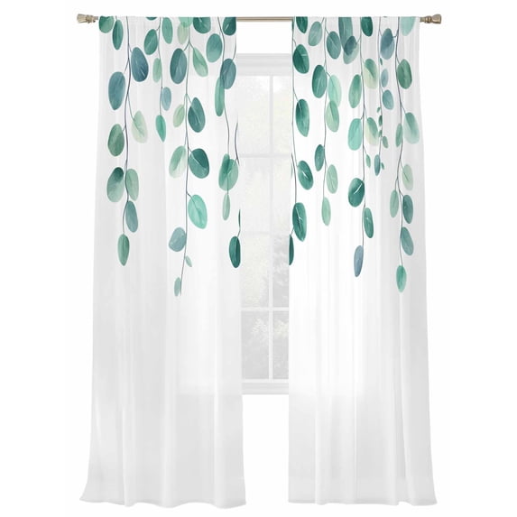 Image showcasing Eucalyptus Leaf Sheer Curtains 2 Panels Set Spring Sage Green Eucalyptus Plants Leaves Vintage ...