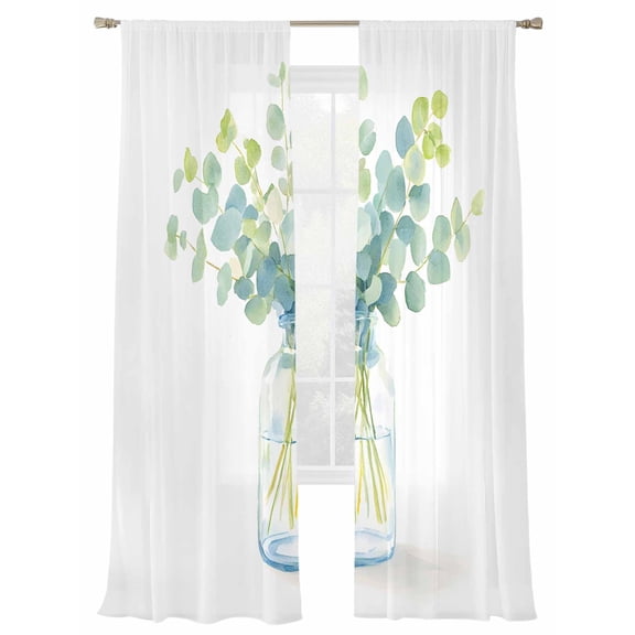 Eucalyptus Leaf Sheer Curtains 2 Panels Set Vintage Green Leaf Plant Sheer Window Curtains Light Filtering Rod Pocket Voile Drapes for Bedroom Living Room 52"X108"