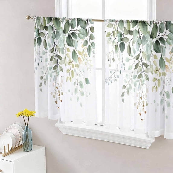 Eucalyptus Leaf Sheer Curtains 54 Inch Length 2 Panels Set, Weeping Green Botanical Summer Voile Window Treatment Rod Pocket Short Kitchen Curtains Drapes for Bedroom 52"x54"x2