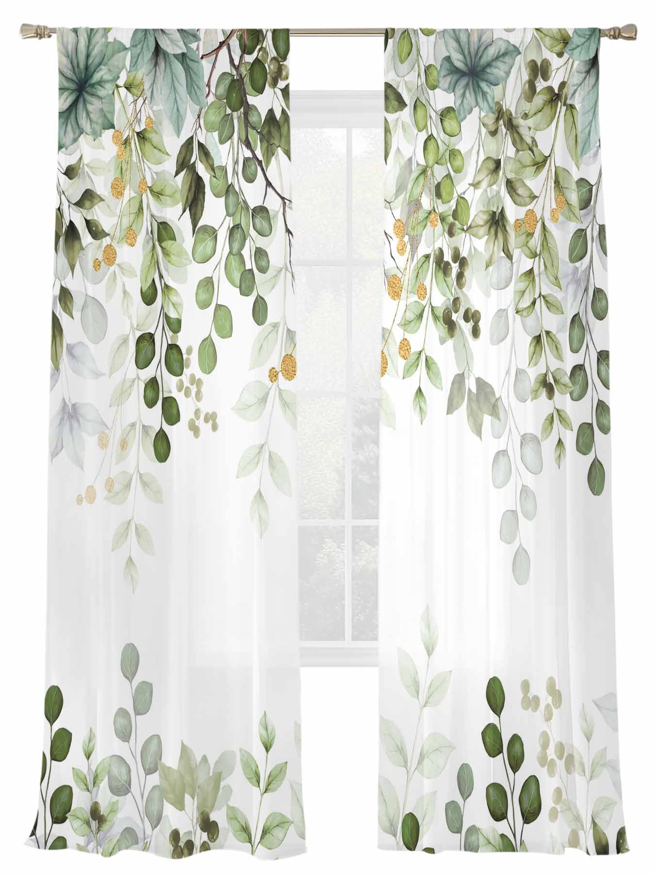 Eucalyptus Leaf Sheer Curtains for Living Room Bedroom, Sage Green Leaves Branch Abstract Art Light Filtering Sheer Curtains, Rod Pocket Voile Window Drapes, 2 Panels Set 52"x 96"
