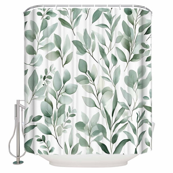 Eucalyptus Leaf Shower Curtain, 48" x 72", Green Botanical Rustic Watercolor Leaf Waterproof Bathroom Curtain Washable Shower Curtain Set with 12 Hooks