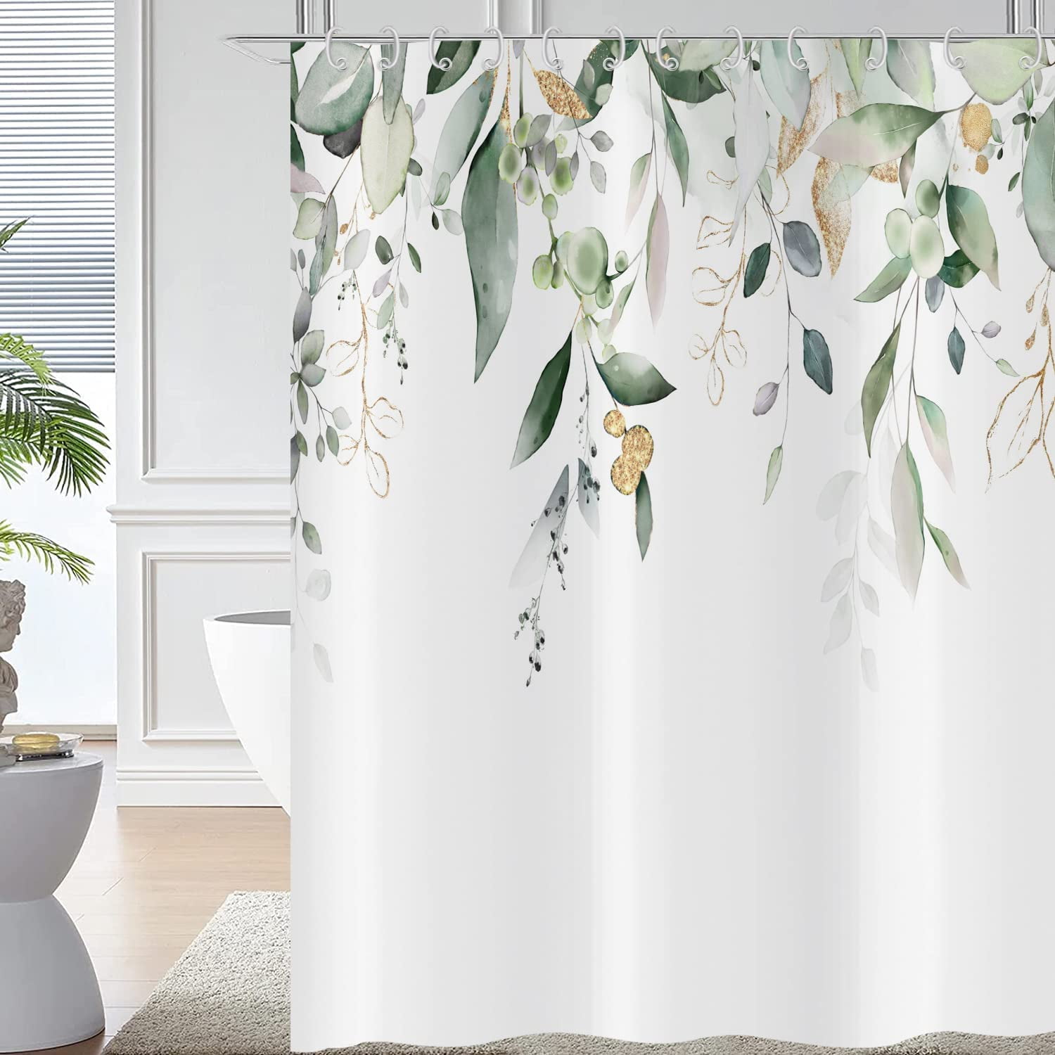 Eucalyptus Leaf Shower Curtain, Sage Green and Gold Leaves Watercolor