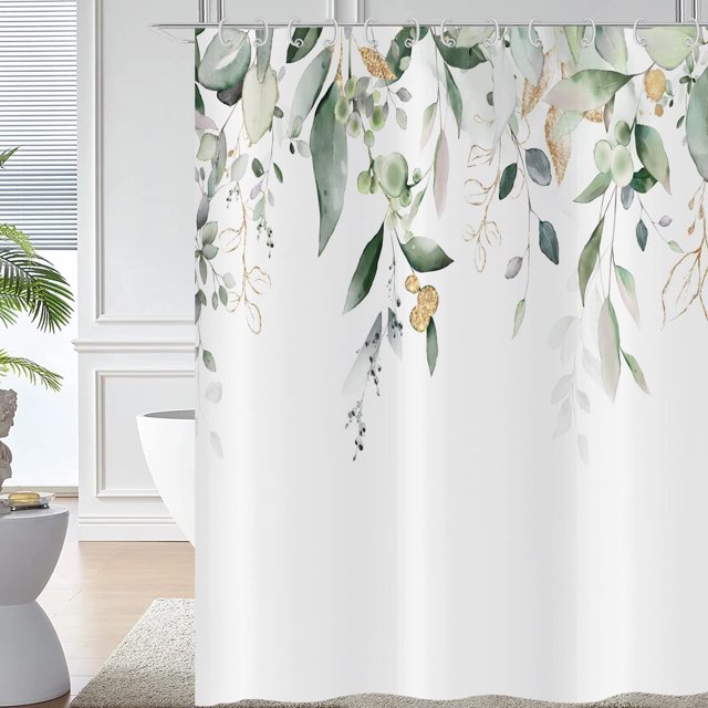Eucalyptus Leaf Shower Curtain, Sage Green and Gold Leaves Watercolor