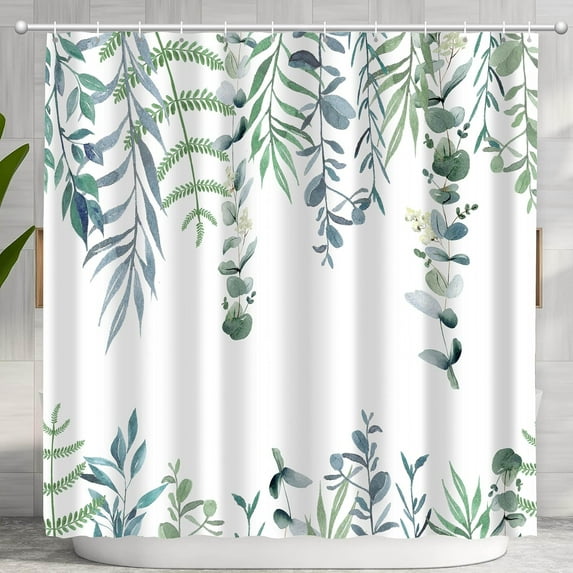 Eucalyptus Leaf Shower Curtain, Spring Sage Green Botanical Flower and Leaves Bathroom Decor Shower Curtain Sets with 12 Hooks 72x72 Inches