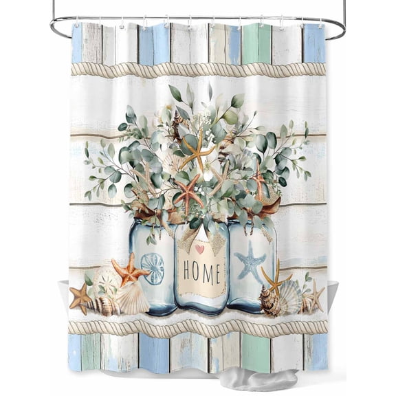 Eucalyptus Leaf Shower Curtain, Starfish Shell Vase Teal Wood Grain Rope Waterproof Shower Curtain Set with 12 Hooks Lightweight Washable Fabric Shower Curtains for Bathroom 36x72 Inches