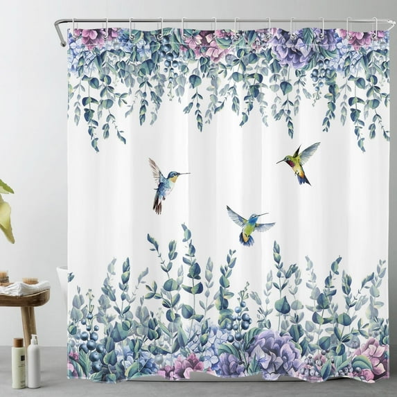 Eucalyptus Leaf Shower Curtain Watercolor Plant Hummingbird Purple Floral Bathroom Shower Curtain Nature Theme Home Decor Waterproof Durable Shower Curtain Accessories with 12 Hooks 72x72 Inches