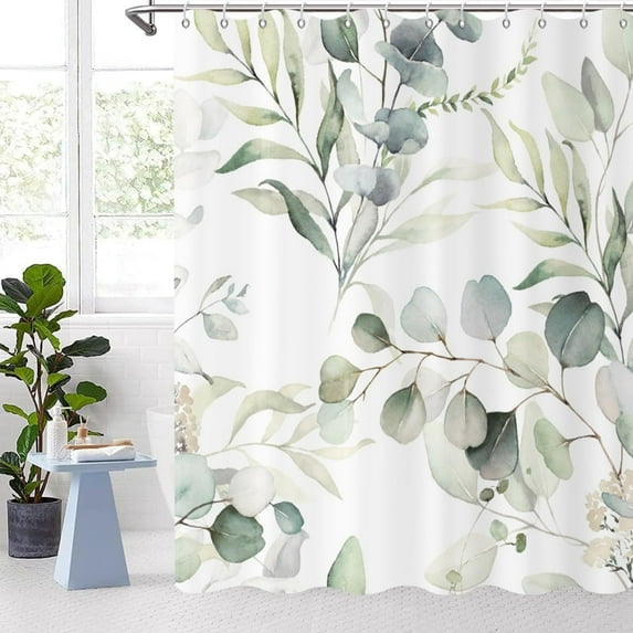Eucalyptus Leaf Shower Curtains, Sage Green Spring Botanical Watercolor Plants Bathroom Curtains Bathtub Home Decor Waterproof Fabric Machine Washable with 12 PCS Hooks