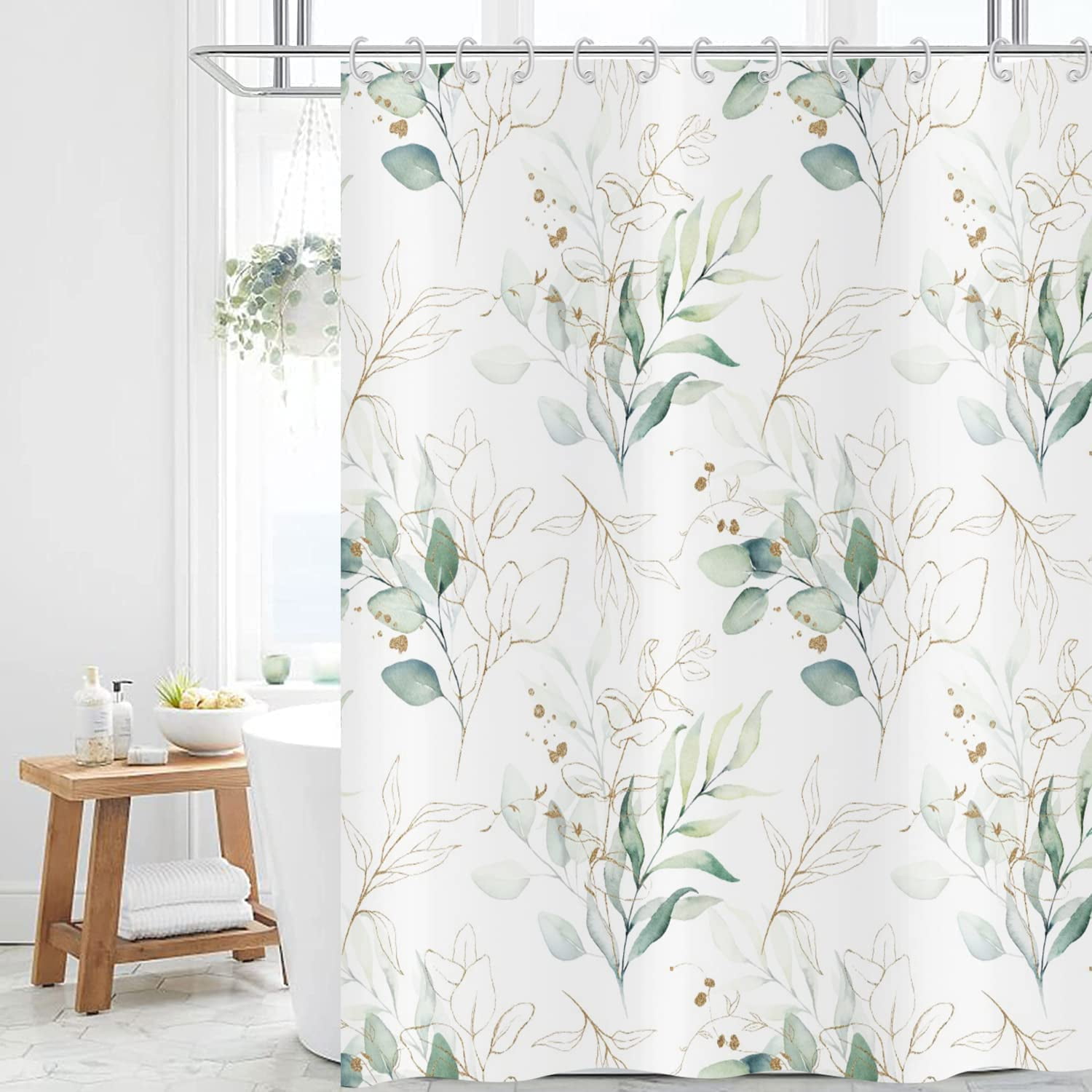 Eucalyptus Leaf Shower Curtains, Weighted Bottom Sage Green Watercolor