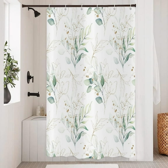 Eucalyptus Leaf Small Stall Shower Curtains(36''''X72''''), Weighted Bottom Sage Green Watercolor Botanical Plants with Gold Branches Spring Fabric Waterproof Hooks 72.00'' x 36.00''