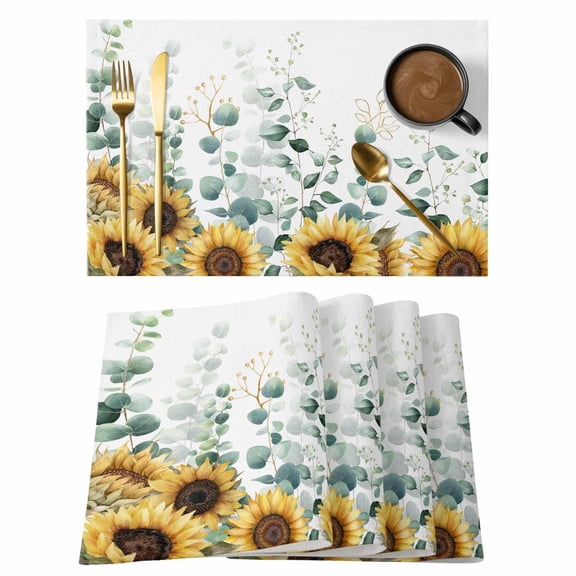 Eucalyptus Leaf Sunflower Placemats Set of 8, Watercolor Plants Non-Slip Place Mats Washable Table Mats for Kitchen Dining Table Decorations Indoor/Outdoor