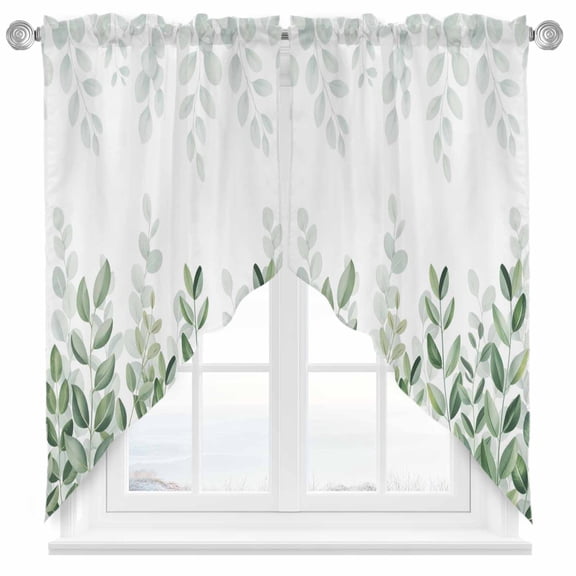 Eucalyptus Leaf Swag Kitchen Curtain Valances, Spring Gradient Sage Green Watercolor Leaves Rod Pocket Curtains Window Treatment Decor Valances for Bedroom Bathroom, 2 Panels 28 x 36 Inch