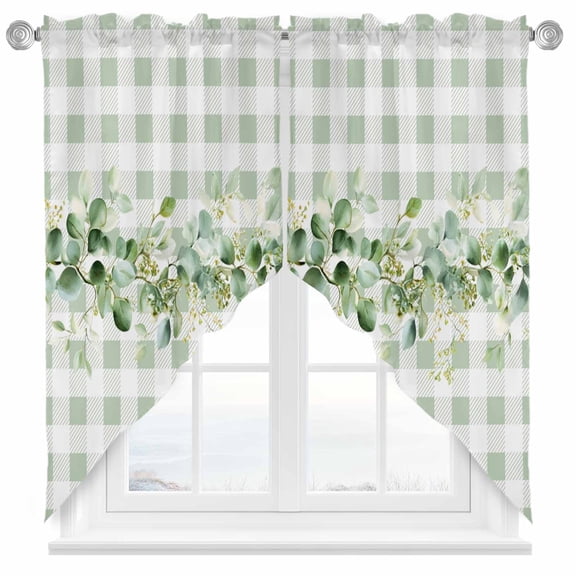 Eucalyptus Leaf Swag Kitchen Curtain Valances, Watercolor Country Green Leaf Green White Plaid Rod Pocket Curtains Window Treatment Decor Valances for Bedroom Bathroom, 2 Panels 28 x 36 Inch