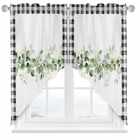 Eucalyptus Leaf Swag Kitchen Curtain Valances, Watercolor Spring Green Leaf Black Plaid Rod Pocket Curtains Window Treatment Decor Valances for Bedroom Bathroom, 2 Panels 28 x 36 Inch