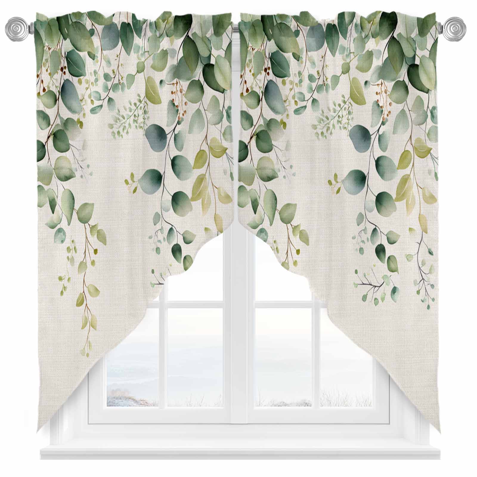 Eucalyptus Leaf Swag Valances for Windows 2 Pack Country Green Plant Linen Texture Swag Kitchen Curtains 63 Inches Long Rod Pocket Short Window Treatment for Kitchen Bathroom 36"x63"