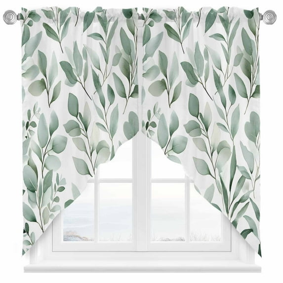 Eucalyptus Leaf Swag Valances for Windows 2 Pack Green Botanical Rustic Watercolor Leaf Swag Kitchen Curtains 36 Inches Long Rod Pocket Short Window Treatment for Kitchen Bathroom 28"x36"