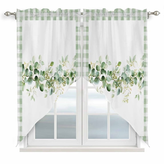 Eucalyptus Leaf Swag Valances for Windows 2 Pack Watercolor Spring Green Leaf Green Plaid Swag Kitchen Curtains 45 Inches Long Rod Pocket Short Window Treatment for Kitchen Bathroom 36"x45"