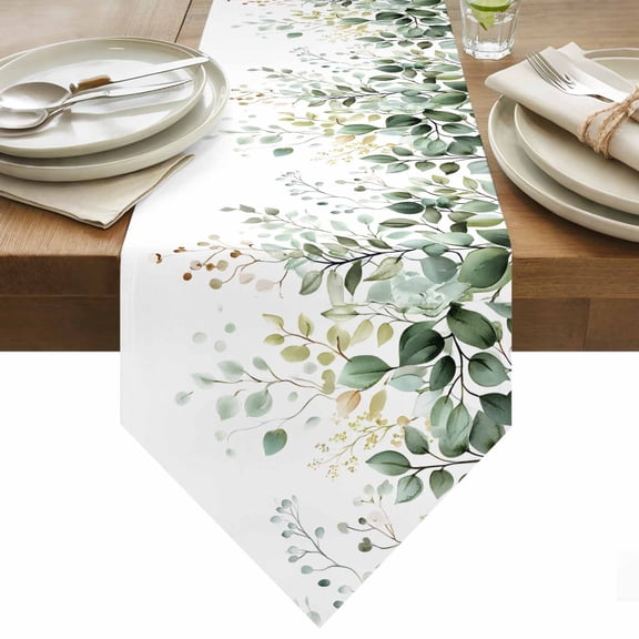 Eucalyptus Leaf Table Runner 36 Inches Long Watercolor Green Plant Farm Table Runners for Dining Room Tabletop Dresser Scarf Home Party Banquet Wedding Holiday Decoration