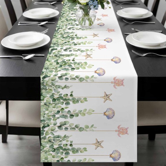 Eucalyptus Leaf Table Runner, Summer Shell Sea Turtle Washable Cotton-linen Table Runners Dining Kitchen Decoration for Everyday Home Wedding Party Decor, 13 x 36 Inch