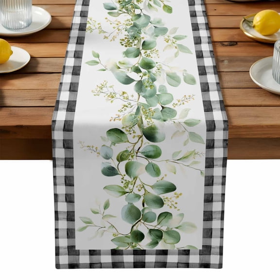 Eucalyptus Leaf Table Runner, Watercolor Spring Green Leaf Black Plaid Washable Kitchen Table Runners Dress Scarves for Dining Table Decorations Party, 13x72in