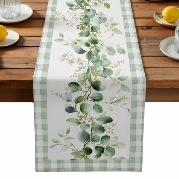 Eucalyptus Leaf Table Runner, Watercolor Spring Green Leaf Green Plaid Washable Kitchen Table Runners Dress Scarves for Dining Table Decorations Party, 13x36in