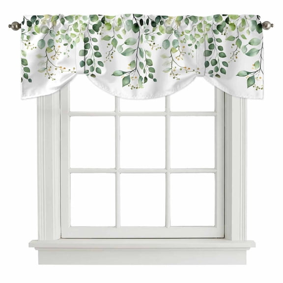 Eucalyptus Leaf Tie Up Window Valance Country Green Plant Farmhouse Tie-up Valance for Kitchen Windows Adjustable Small Curtain Balloon Shades for Kitchen Bathroom Cafe 42x12inch