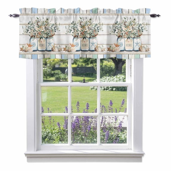 Eucalyptus Leaf Valance Curtain Starfish Shell Vase Window Valances Rod Pocket Short Curtains Window Treatments for Kitchen Bedroom Bathroom Laundry 42" x 12"