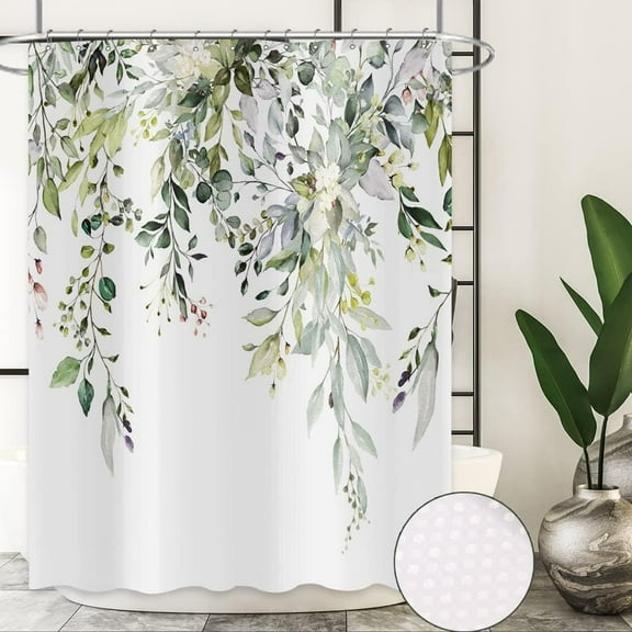 Eucalyptus Leaf Waffle Textured Shower Curtain, Weighted Bottom Watercolor Green Leaves on The Top Plant with Floral Bathroom Curtain Bathtub Home Decor Waterproof Fabric with 12 Metal Hooks