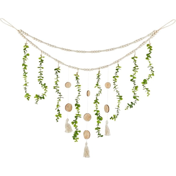 Eucalyptus Leaf Wall Decors 46 x 29 Inch Artificial Large Boho Rustic Natural Green Plants Leaves Wooden Beads Garland Hanging Decoration with Tassel for Home Nursery Farmhouse Green DIY