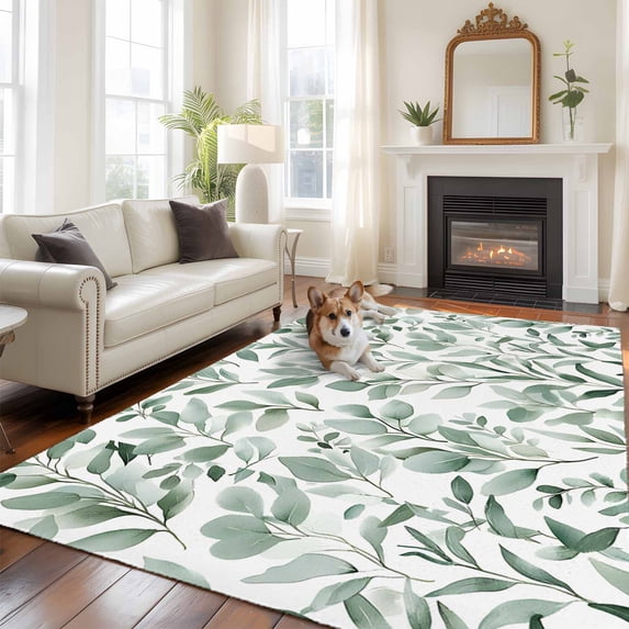 Eucalyptus Leaf Washable Area Rug 5x7 Green Botanical Rustic Watercolor Leaf Low-Profile Large Area Rugs with Non Slip Backing Indoor Floor Carpet for Entrance Living Room Bedroom Home Office
