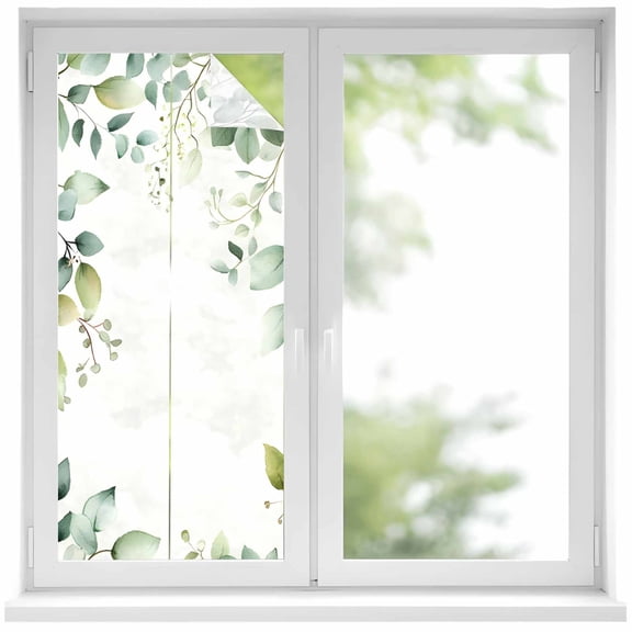 Eucalyptus Leaf Window Privacy Film Country Green Plant Decorative Glass Window Film UV Blocking Static Cling Non-Adhesive Sticker Covering for Home Door 19.6 x 39.3 inches