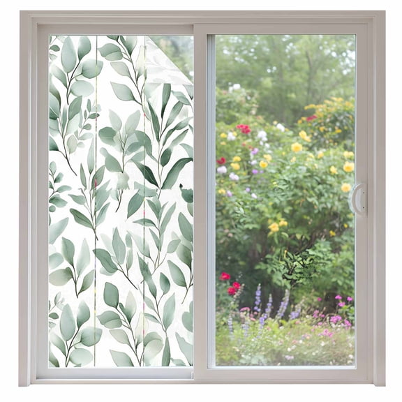 Eucalyptus Leaf Window Privacy Film Green Botanical Rustic Watercolor Leaf Decorative Glass Window Film UV Blocking Static Cling Non-Adhesive Sticker Covering for Home Door 35.4x78.7 inches