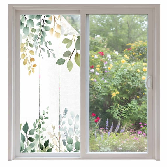 Eucalyptus Leaf Window Privacy Film Green Plant Country Farm Decorative Glass Window Film UV Blocking Static Cling Non-Adhesive Sticker Covering for Home Door 35.4x78.7 inches