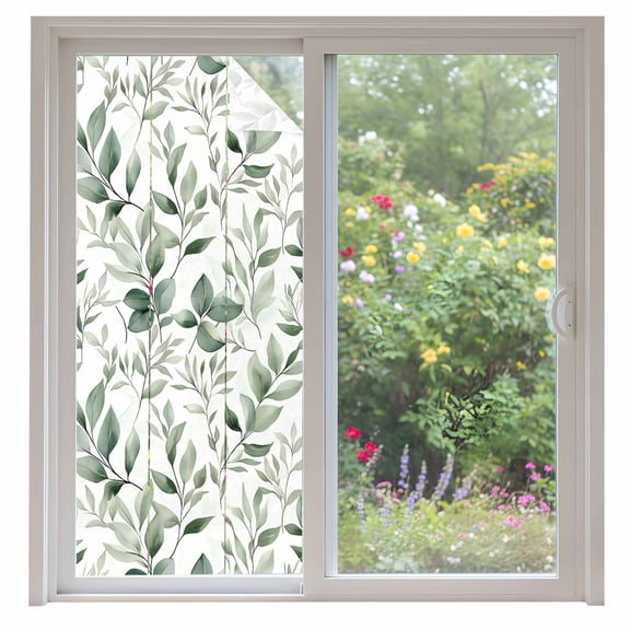 Eucalyptus Leaf Window Privacy Film Green Plant Watercolor Farmhouse Decorative Glass Window Film UV Blocking Static Cling Non-Adhesive Sticker Covering for Home Door 35.4x78.7 inches
